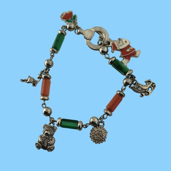 Christmas Charm Bracelet Silver Red Festive Jewelry Snowman Santa Holiday Bell - Picture 1 of 10